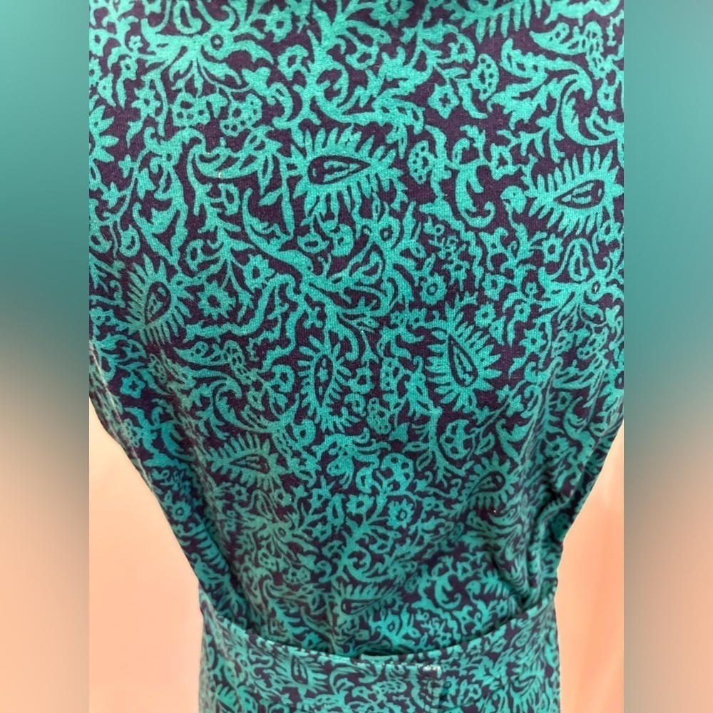 70s KNIT NAVY & GREEN PAISLEY HANDMADE COTTAGECORE SLEEVELESS V-NECK MIDI DRESS - Picture 6 of 8
